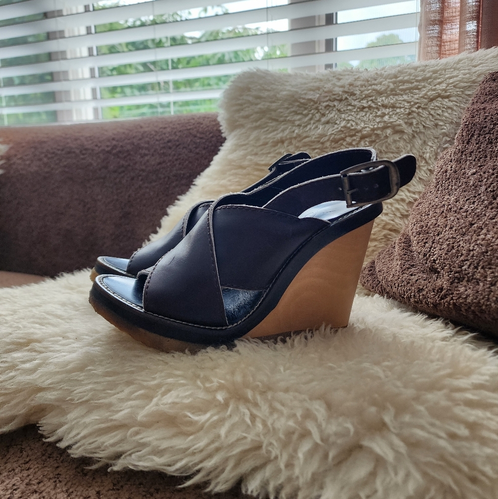 Chloe Chocolate Brown Leather Sling Back Wedge Heels